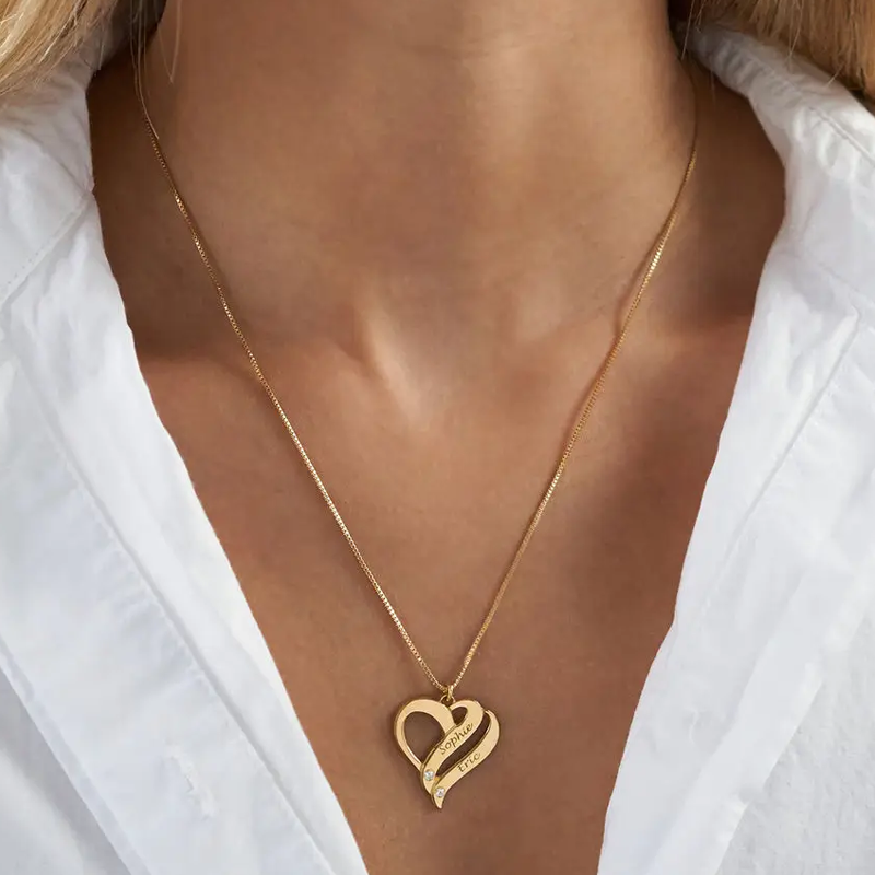 Collar de corazón con grabado personalizado de circonita cúbica en oro de 14 quilates para mujer-2