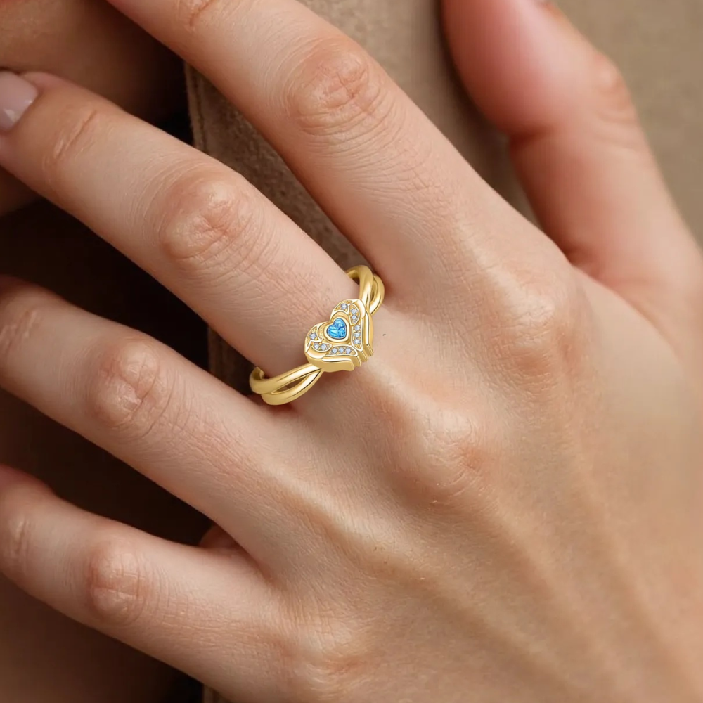 10K Gold Cubic Zirconia Personalized Engraving & Heart Urn Ring for Ashes-2