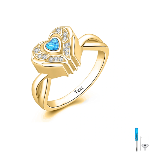 10K Gold Cubic Zirconia Personalized Engraving & Heart Urn Ring for Ashes