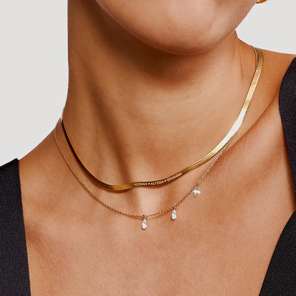 14K Gold Personalized Engraving Herringbone Chain Necklace for Women Men-2