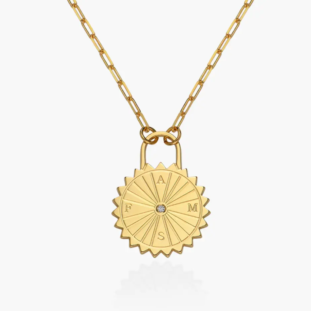 Collar con clip de papel personalizado con inicial de piedra de nacimiento, brújula y sol en oro vermeil para mujeres y hombres-1