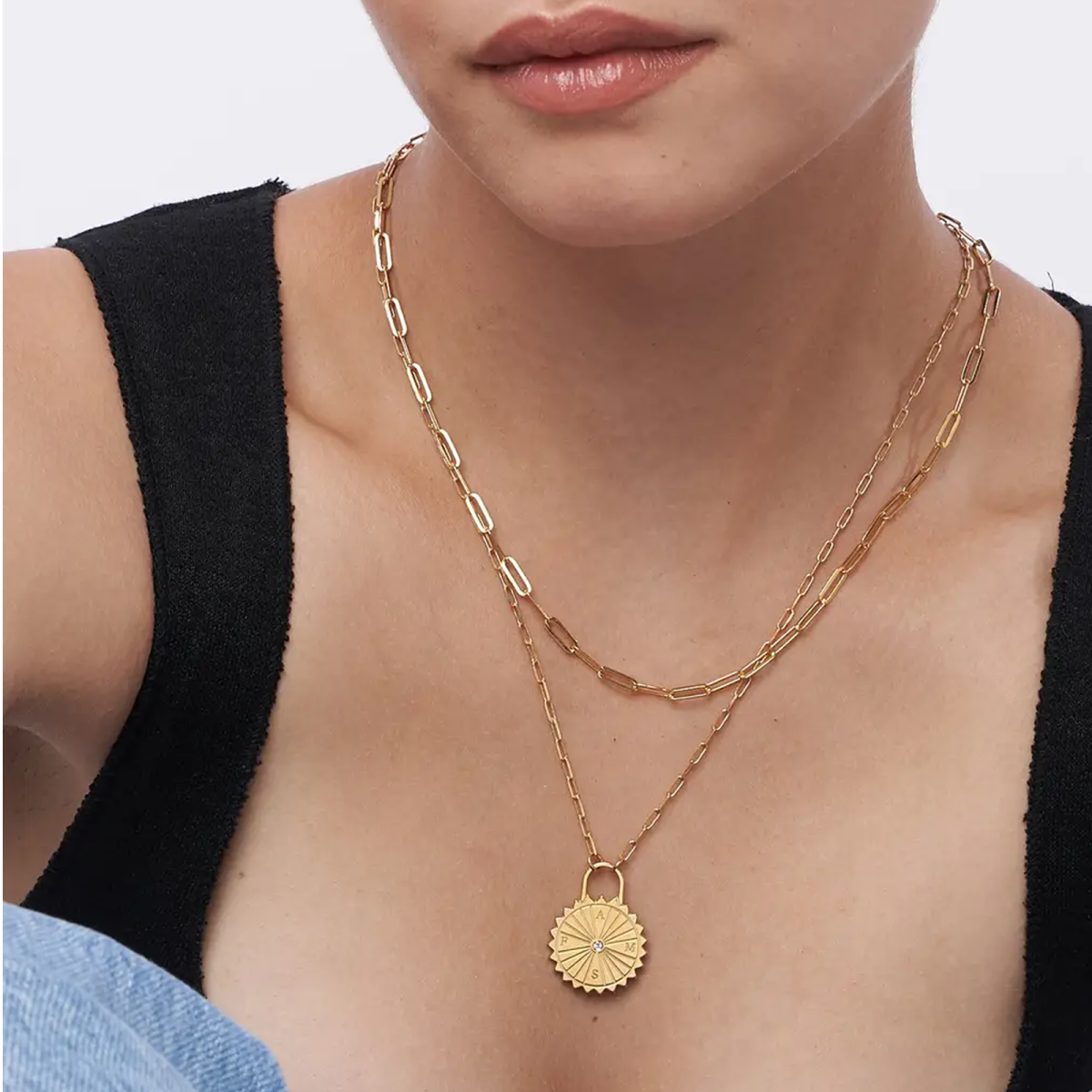 Gold Vermeil Personalized initial Birthstone Compass Sun Paper Clip Necklace for Women Men-2