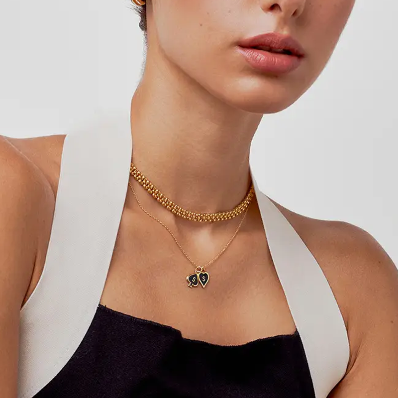 18k Gold Personalized initial Black Heart Necklace for Women-2