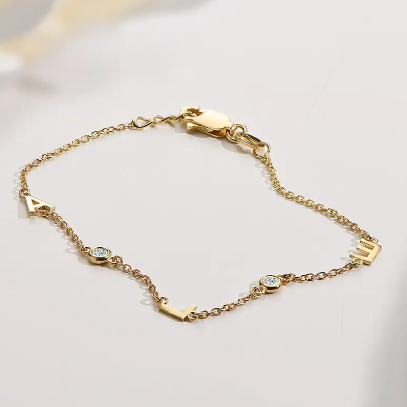 Gold Vermeil Personalized Initial Letter Cubic Zirconia Charm Bracelet for Women-2