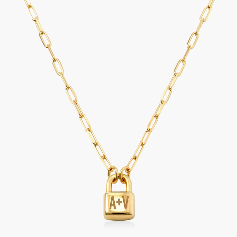 Gold Vermeil Personalized Initial Lock Necklace with Paper Clip Chain for Women men-1