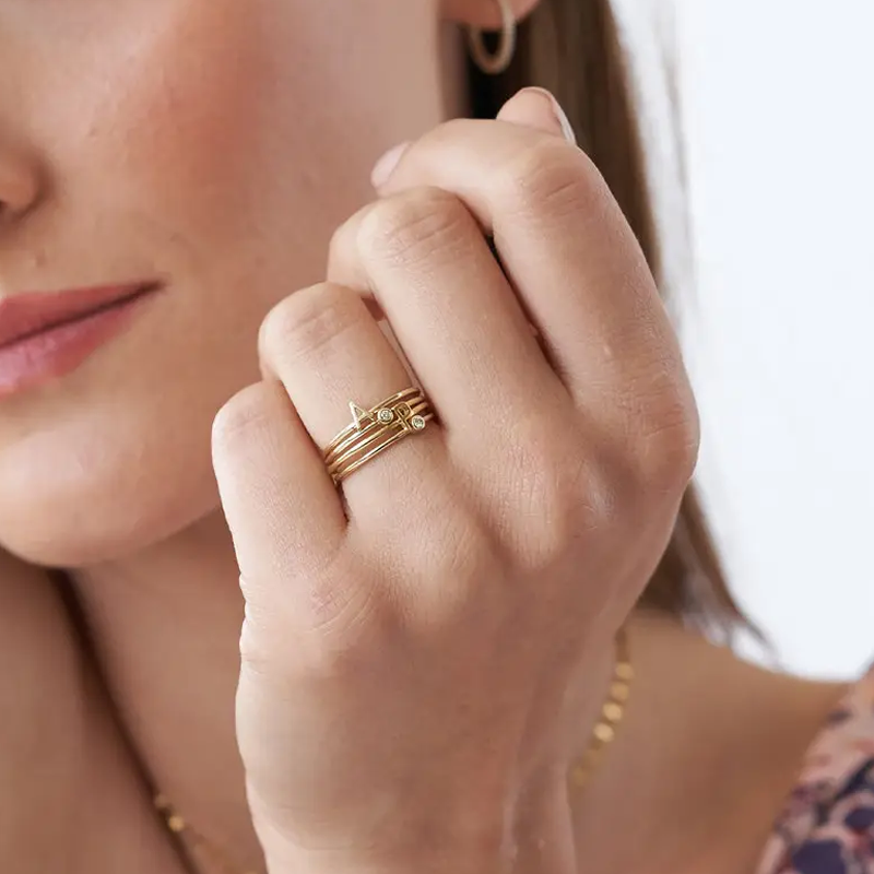 Goud Vermeil Gepersonaliseerde Initial Cubic Zirconia Stapelring voor Vrouwen-2