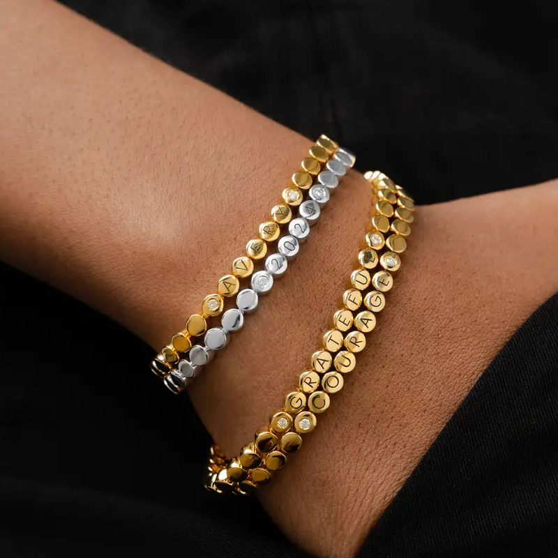 Bracelet en vermeil doré avec perles en zircone cubique et lettres personnalisées pour femmes et hommes-2