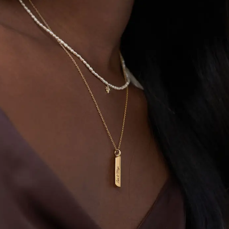 Gold Vermeil Personalized Name Bar Necklace for Women Men-2