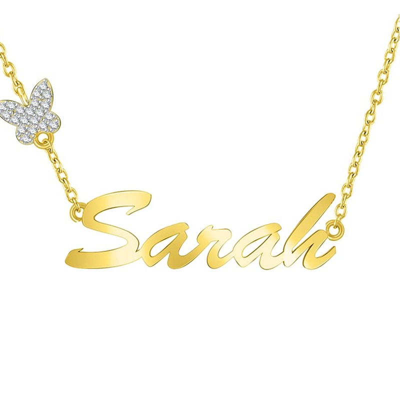 Gold Vermeil Cubic Zirconia Personalized Name Plated Butterfly Necklace for Women-1