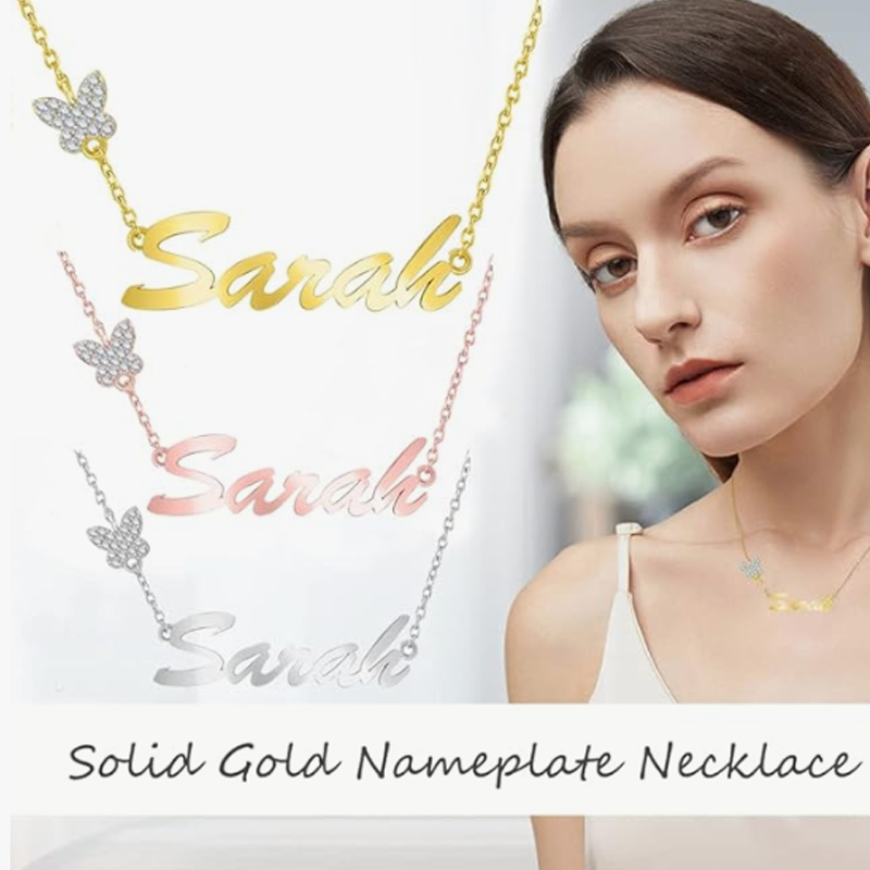 Gold Vermeil Cubic Zirconia Personalized Name Plated Butterfly Necklace for Women-2