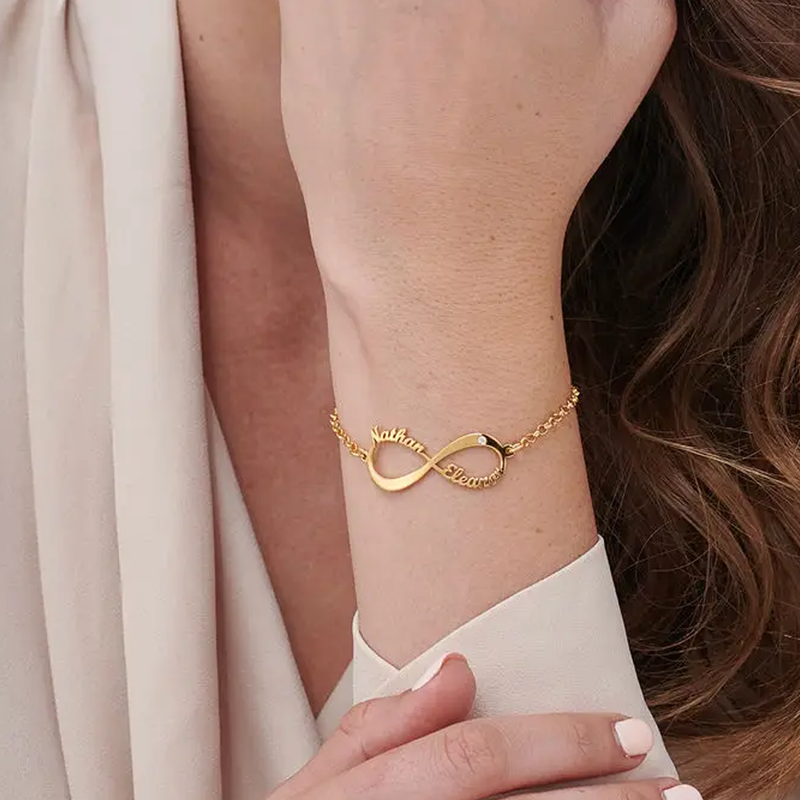 Pulseira de símbolo do infinito com nome personalizado em ouro vermeil para mulheres-2