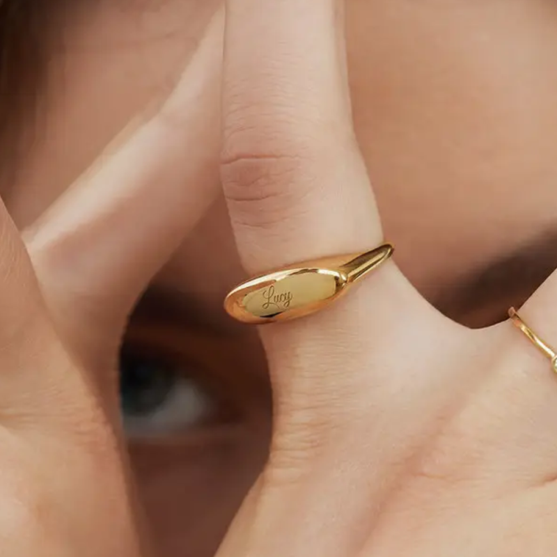 18K Gold Personalized Name Signet Ring for Women Men-2