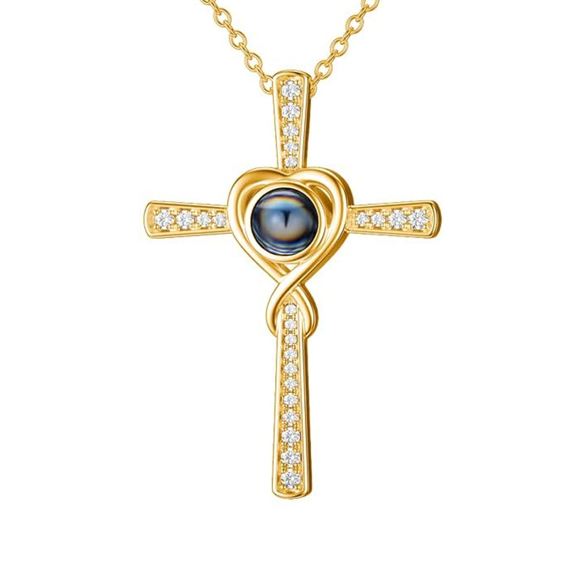 Gold Vermeil Cubic Zirconia Personalized Projection & Cross Necklace for Women Men-1