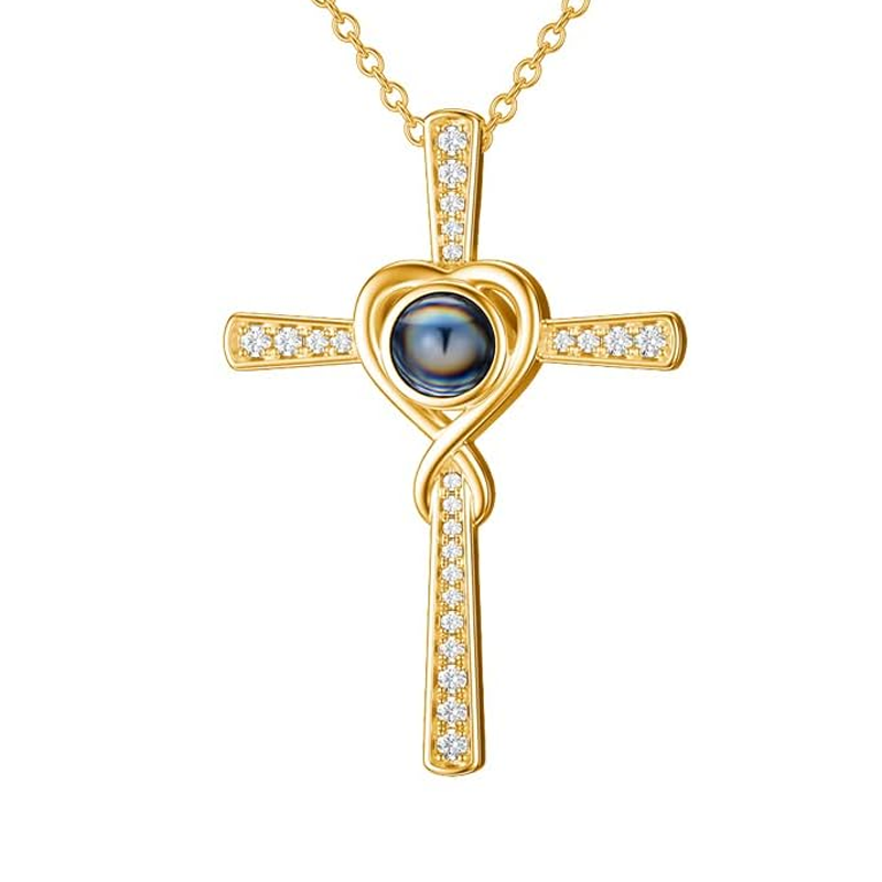 Collana personalizzata con proiezione e croce in oro vermeil e zirconi cubici per donna e uomo-1