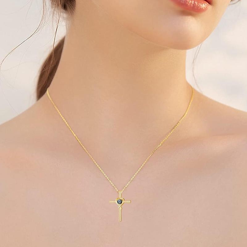 Collana personalizzata con proiezione e croce in oro vermeil e zirconi cubici per donna e uomo-2