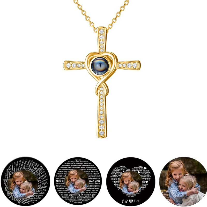 Gold Vermeil Cubic Zirconia Personalized Projection & Cross Necklace for Women Men-3