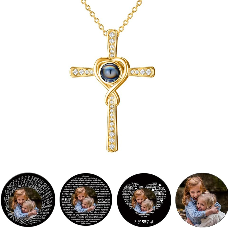 Collana personalizzata con proiezione e croce in oro vermeil e zirconi cubici per donna e uomo-3