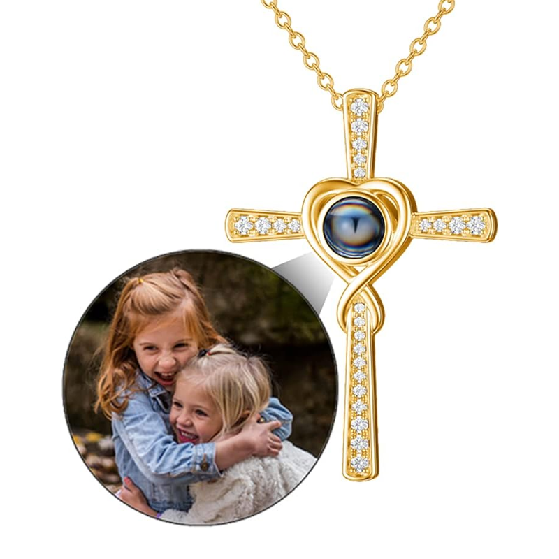 Collana personalizzata con proiezione e croce in oro vermeil e zirconi cubici per donna e uomo-4