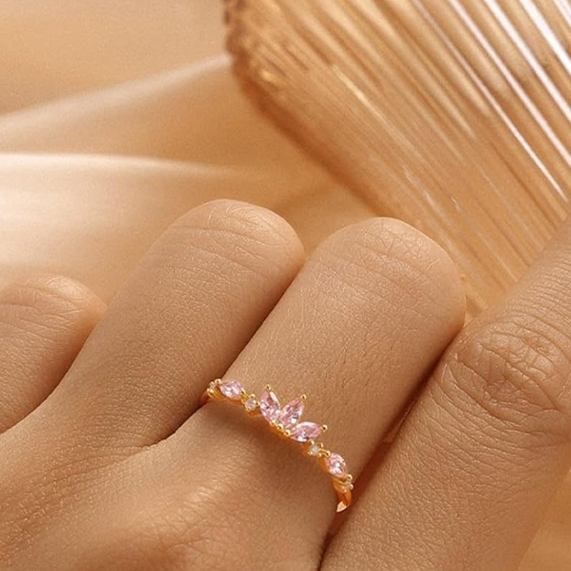 Gold Vermeil Pink Cubic Zirconia Crown Ring for Women-3