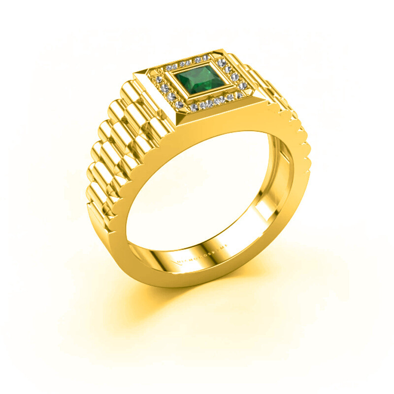 Obrączka ślubna dla mężczyzn ze złota 14K ze szmaragdem w szlifie księżniczki i diamentami o masie całkowitej 0,2 ct-1