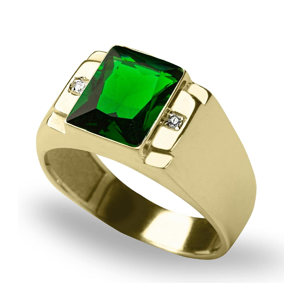 Anillo de tres piedras con esmeralda de corte princesa en oro de 14 quilates y dos diamantes. Regalos para él. Joyería fina para hombre.-1