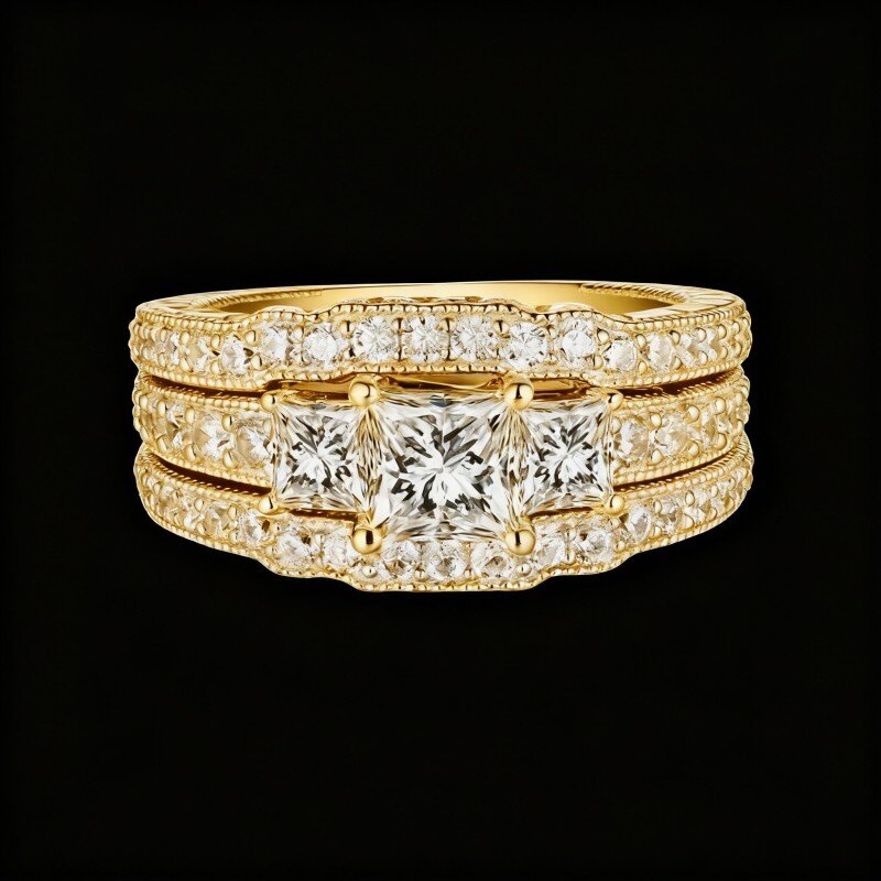 Conjunto nupcial con grabado personalizado en oro de 10 quilates y moissanita talla princesa.-1