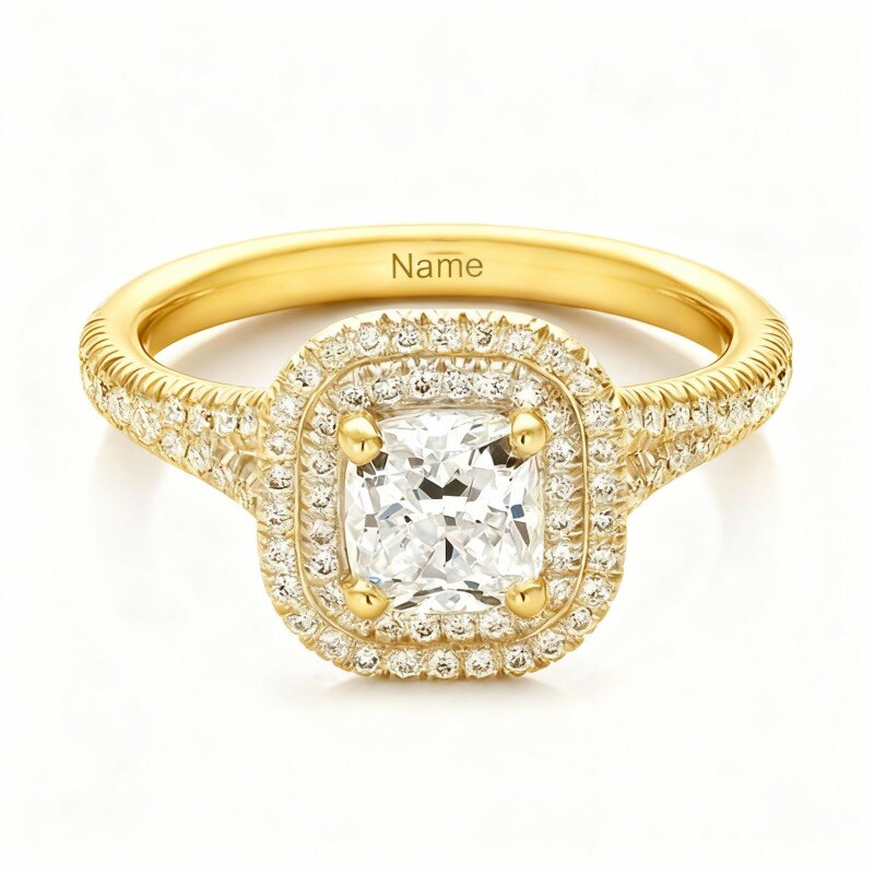 18Kゴールド プリンセスカット モアッサナイト パーソナライズ刻印入り結婚指輪-1