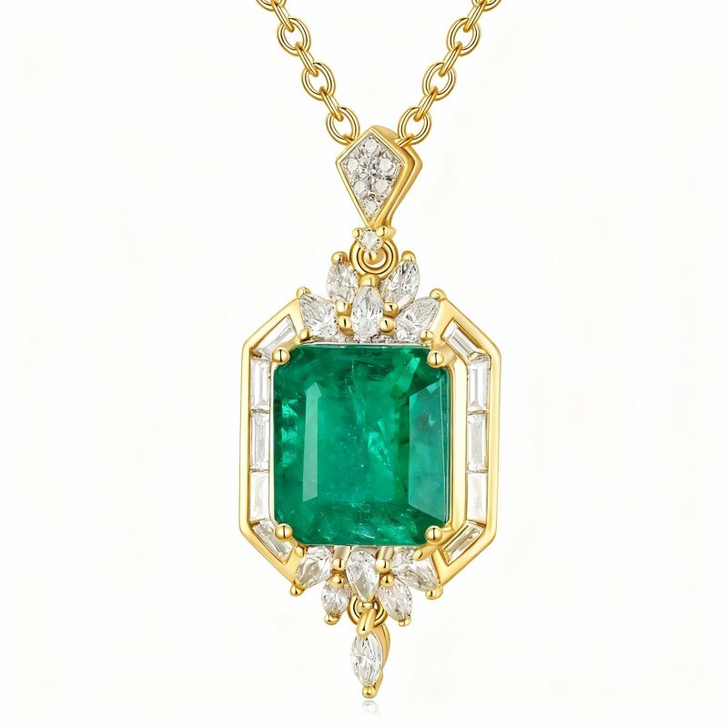 14K Gold Princess-square Shaped Diamond & Emerald Square Pendant Necklace-1