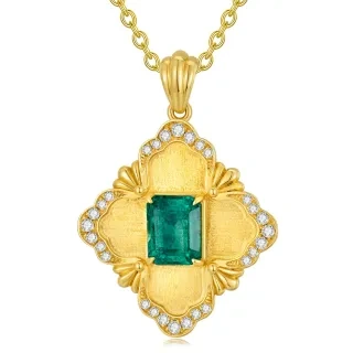 10K Gold Princess-square Shaped Emerald Flower Of Life Pendant Necklace-33