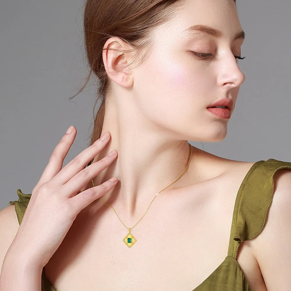 10K Gold Princess-square Shaped Emerald Flower Of Life Pendant Necklace-2