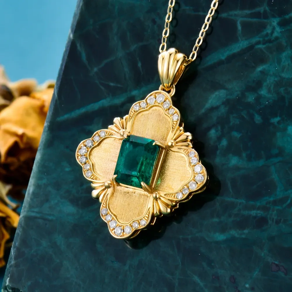 10K Gold Princess-square Shaped Emerald Flower Of Life Pendant Necklace-3