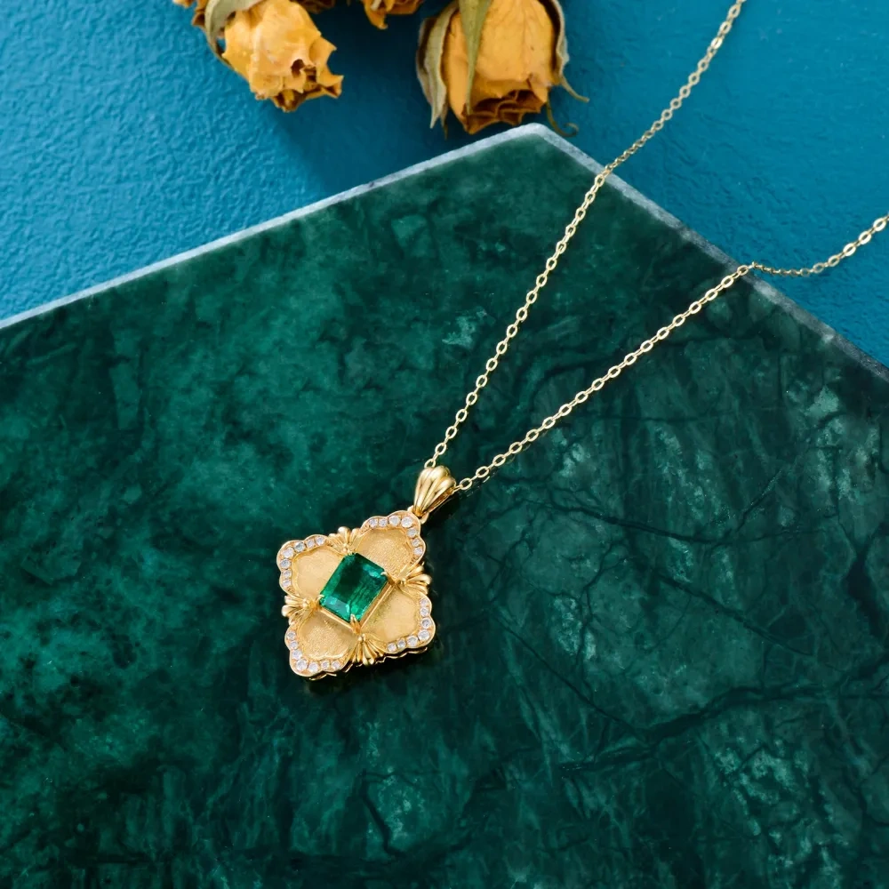 10K Gold Princess-square Shaped Emerald Flower Of Life Pendant Necklace-4