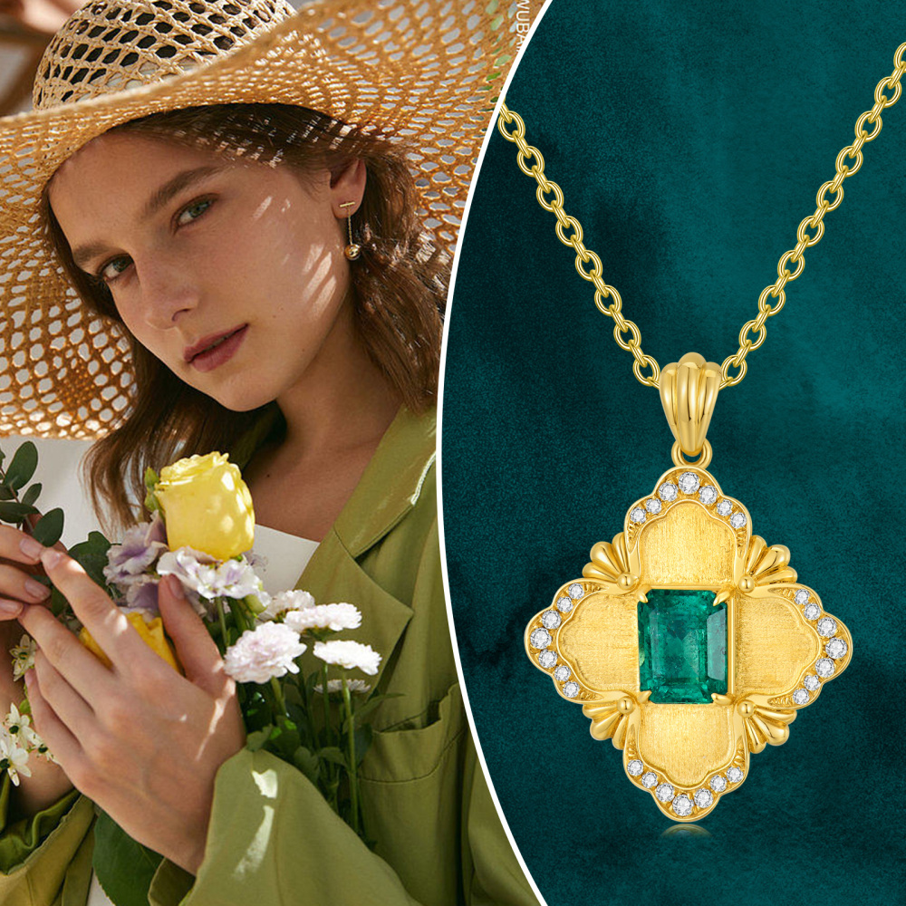 10K Gold Princess-square Shaped Emerald Flower Of Life Pendant Necklace-6
