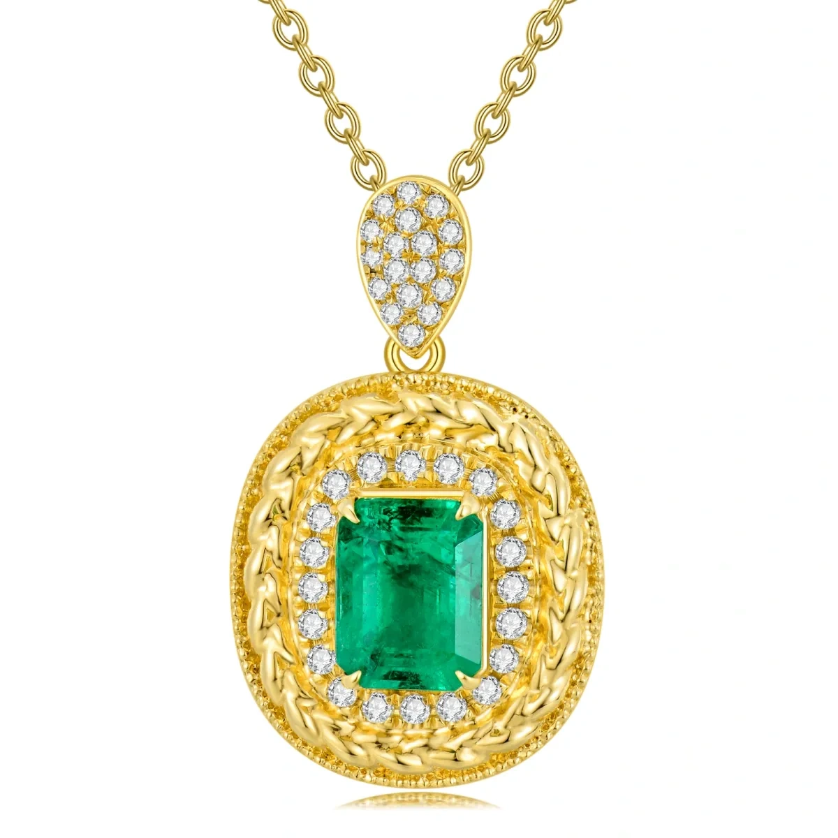 10K Gold Princess-square Shaped Emerald Round/Spherical Pendant Necklace-1