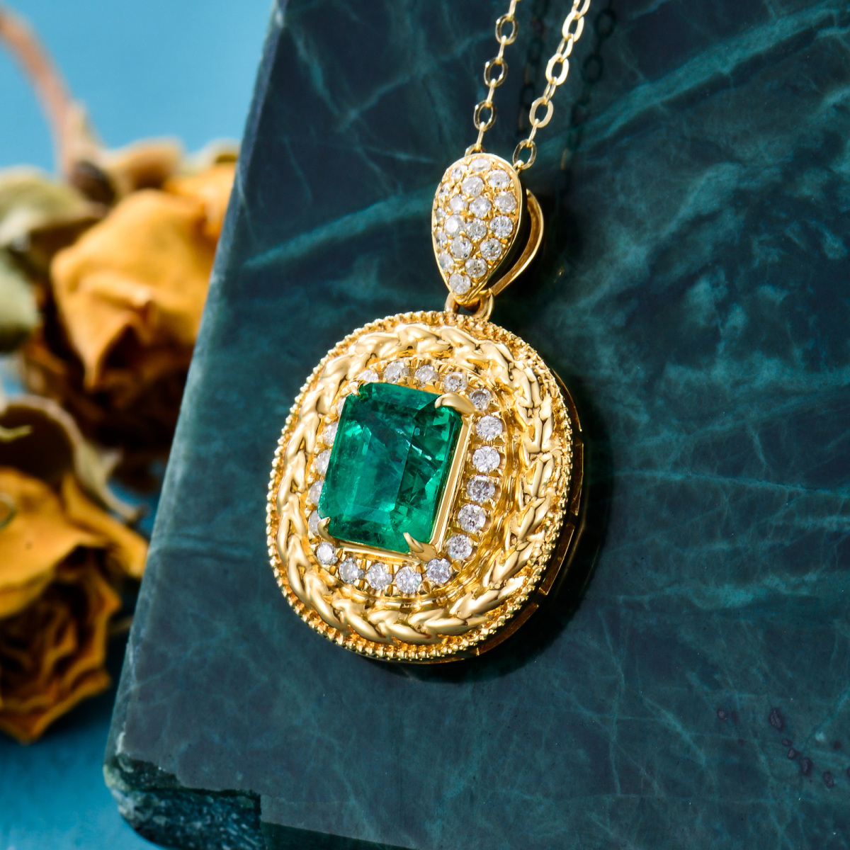 10K Gold Princess-square Shaped Emerald Round/Spherical Pendant Necklace-3