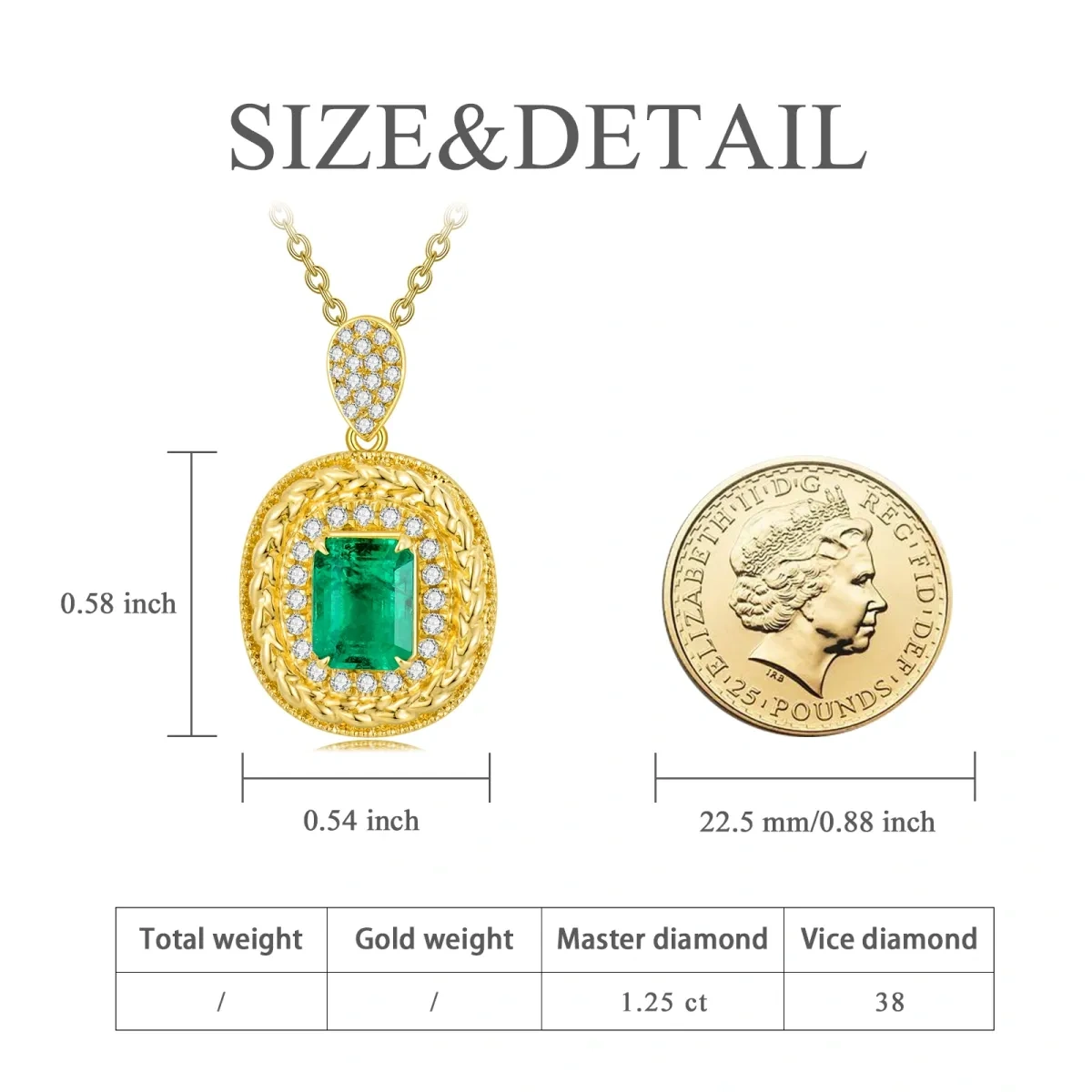 18K Gold Princess-square Shaped Emerald Round/Spherical Pendant Necklace-5