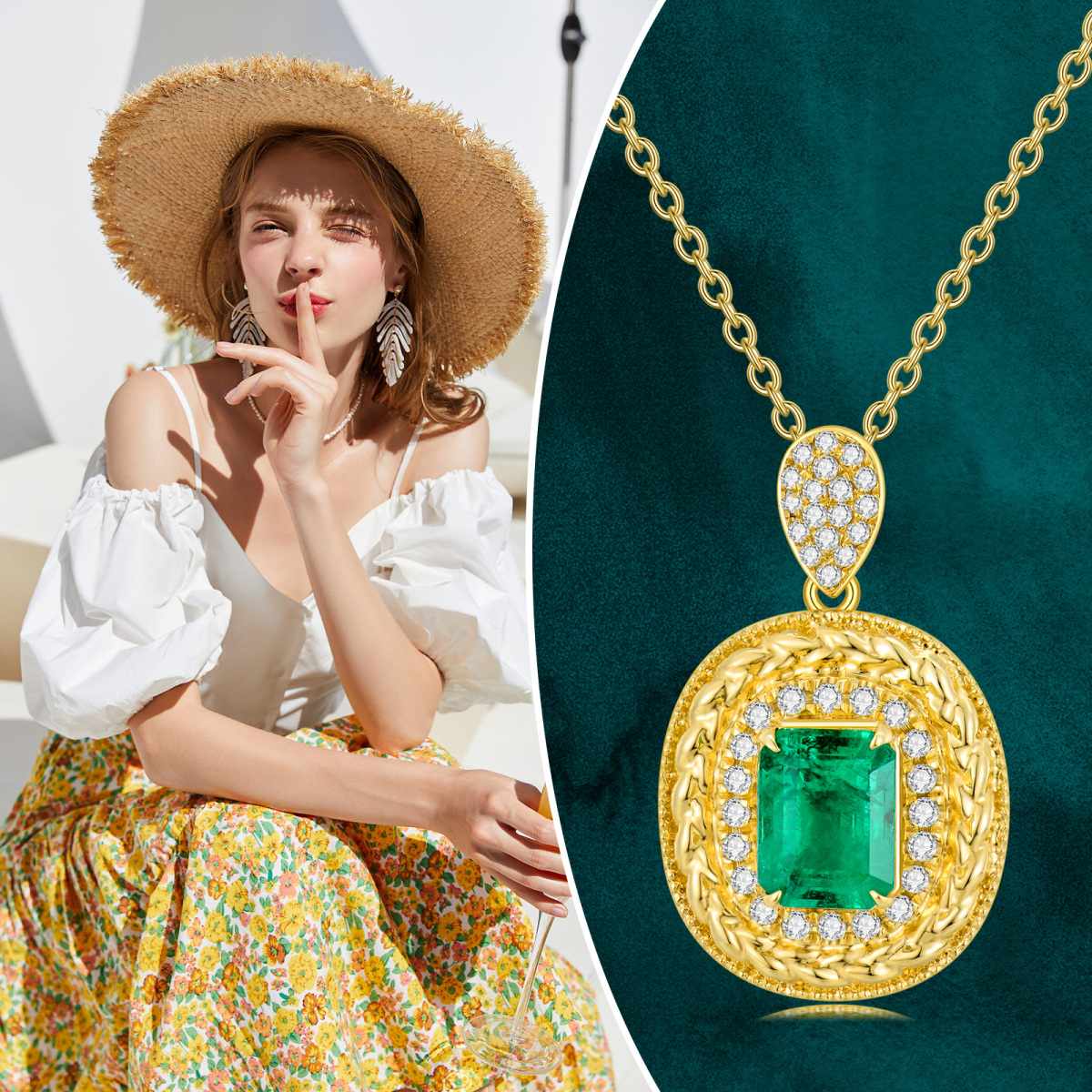 18K Gold Princess-square Shaped Emerald Round/Spherical Pendant Necklace-6