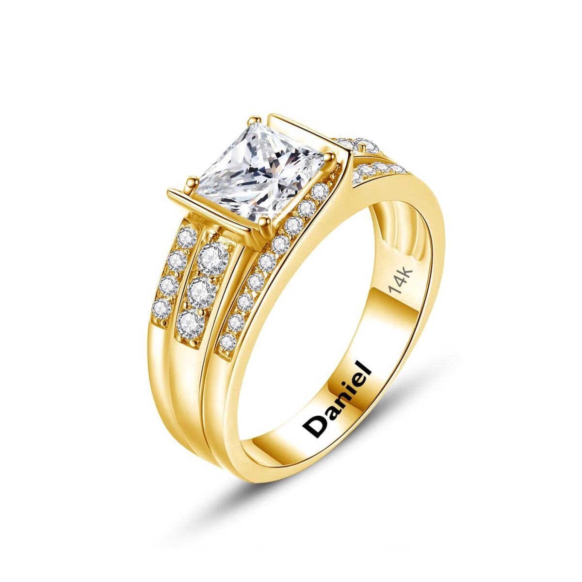 10K Gold Princess-square Shaped Moissanite Personalized Engraving & Couple Engagement Ring for Men-1