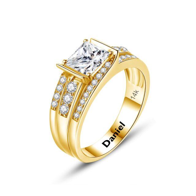 Anel de noivado de casal e gravação personalizada em Moissanite em ouro 14K em forma de qu-1