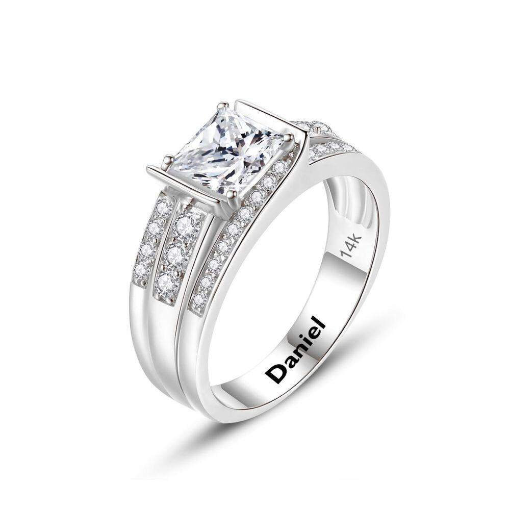 10K White Gold Princess Shaped Moissanite Personalized Engraving & Engagement Ring for Men-1