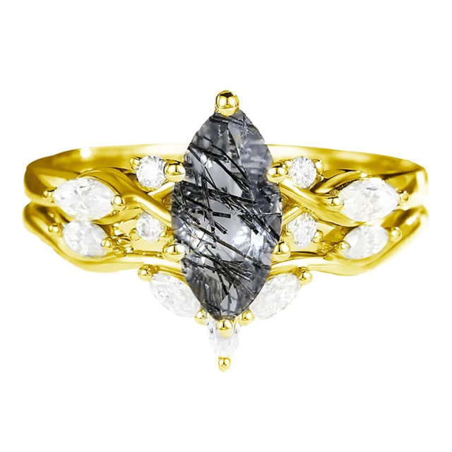 Anillo de plata de ley con cuarzo rutilado negro bañado en oro amarillo-1