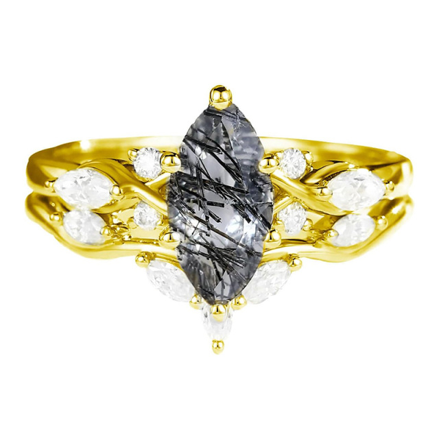 Anillo de plata de ley con cuarzo rutilado negro bañado en oro amarillo-3