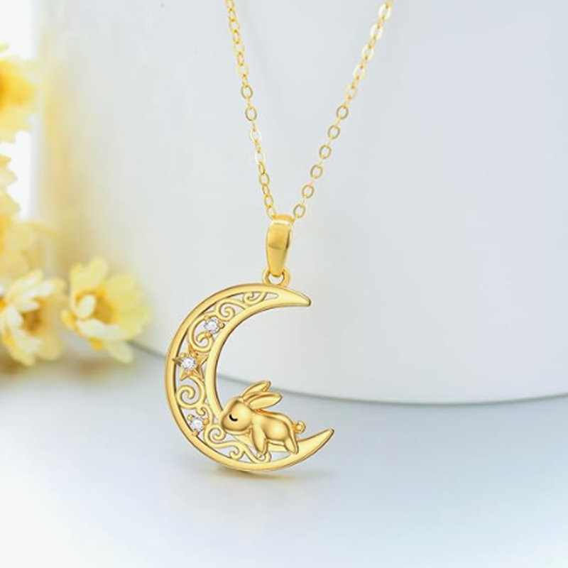 Gold Vermeil Cubic Zirconia Rabbit & Ivy Moon Necklace for Women-4