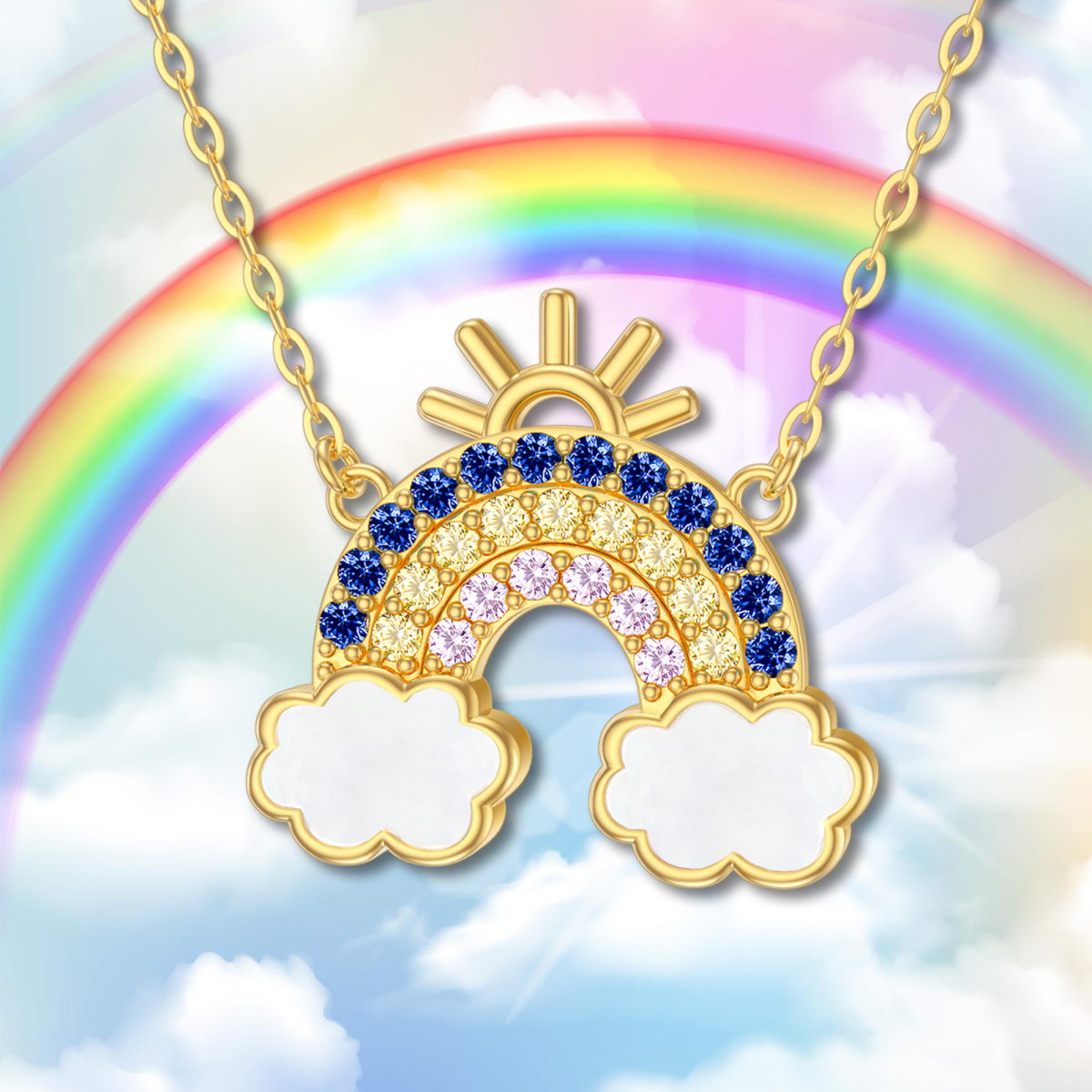 14K Gold Cubic Zirconia Rainbow & Sun Pendant Necklace-3