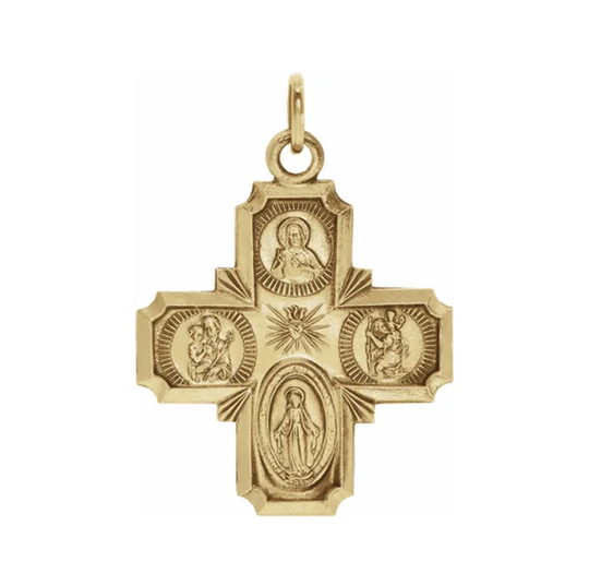 Sterling Silver with Yellow Gold Plated Religious Four 4 Way Medal Pendant Charm Badge Cross Pendant Charms 18mm