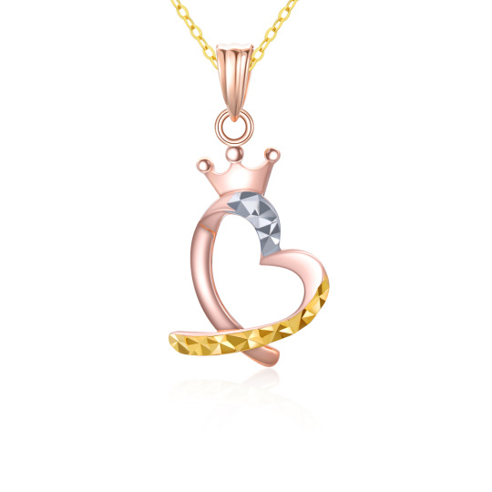 18K Gold & Rose Gold Crown & Heart Pendant Necklace