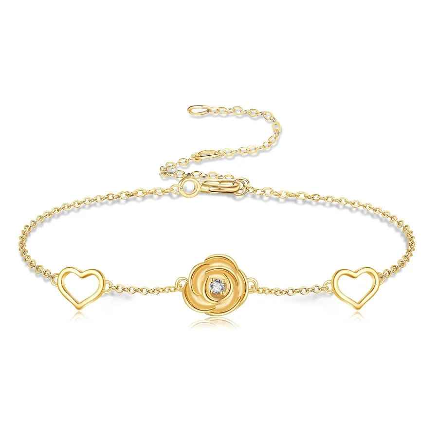 Gold Vermeil Cubic Zirconia Rose & Heart Charm Bracelet for Women-1