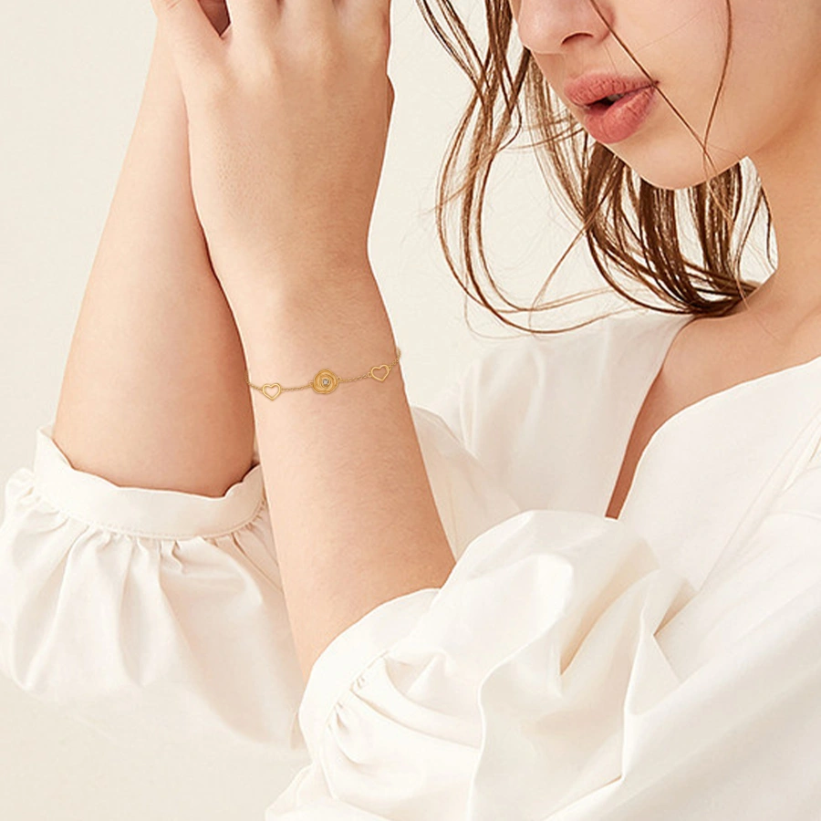 Pulsera con dije de corazón en forma de rosa y circonita cúbica bañada en oro para mujer-2