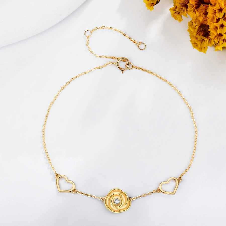 Pulsera con dije de corazón en forma de rosa y circonita cúbica bañada en oro para mujer-3