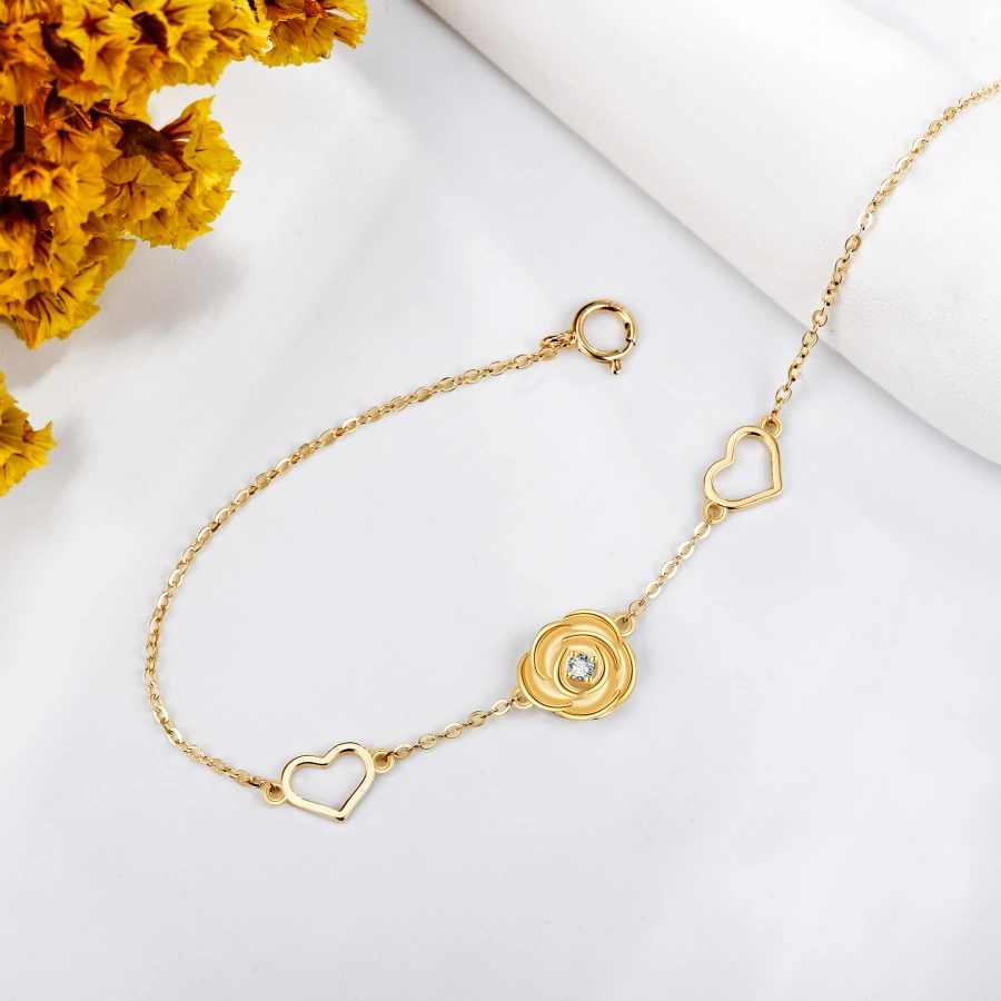 Gold Vermeil Cubic Zirconia Rose & Heart Charm Bracelet for Women-4